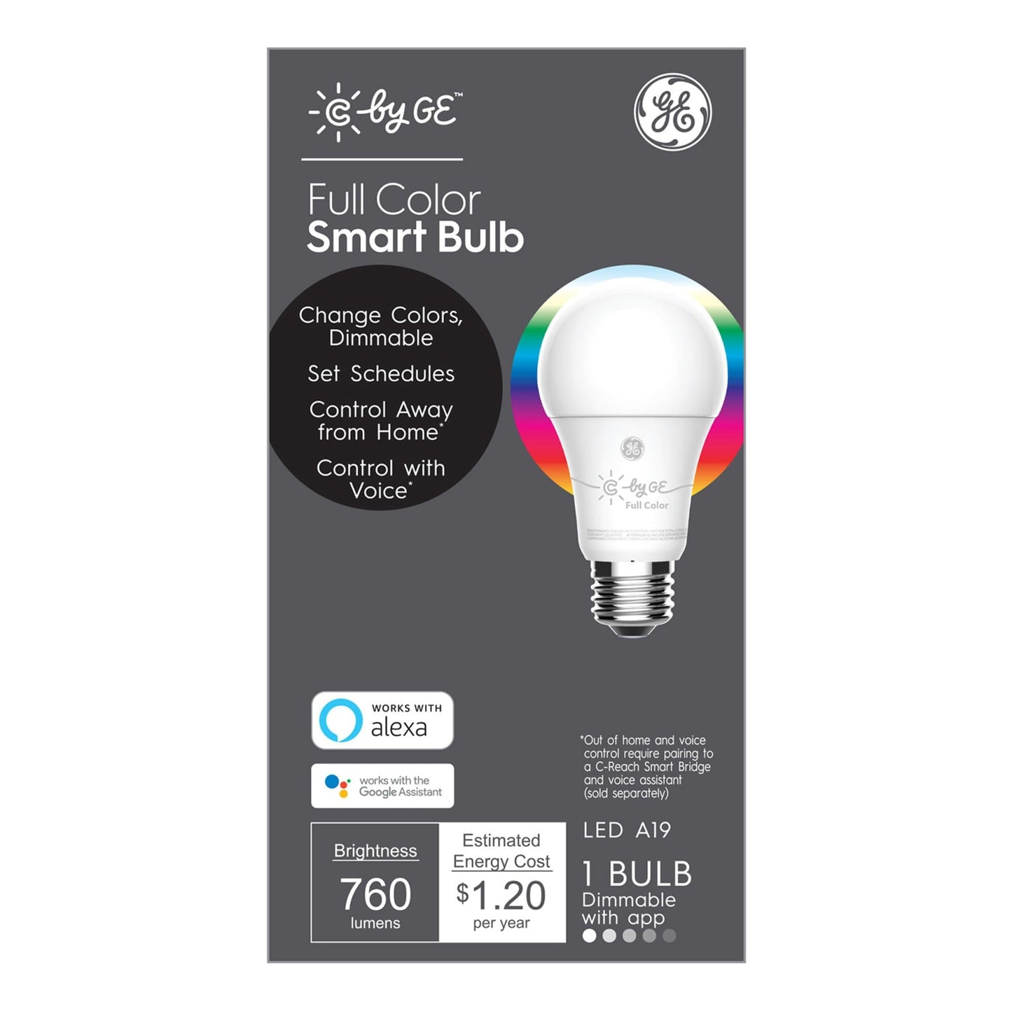 GE Lighting Smart LED Light Bulbs, Bluetooth, Alexa & Google Assistant Compatible, 2 Count Pack, Full Color, Model CLEDA1911C2/ST-2P