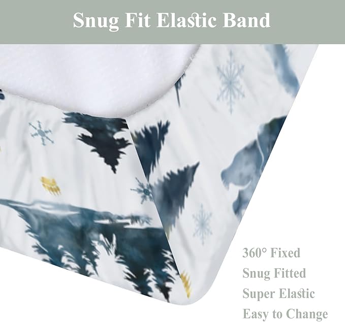 Watercolor Bear Winter Changing Pad Covers for Baby Girls Boys Pastel Bear Pine Trees Snowflakes Tracks Fitted Change Table Pad Mats Wild Animals Adventure Soft Diaper Changing Pad Sheets 32''×16''