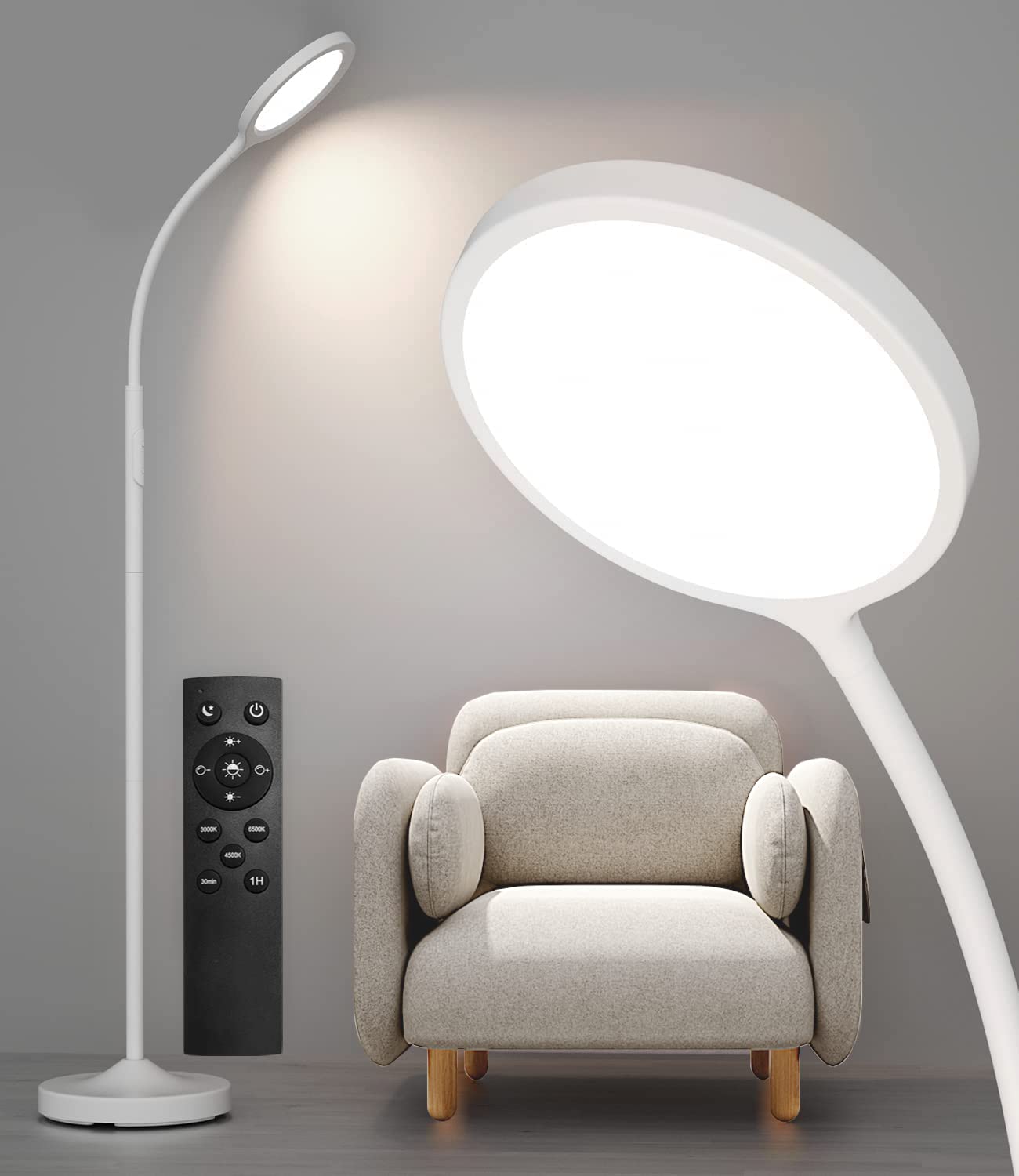 luckystyle Dimmable LED Floor Lamp with Remote, Adjustable Gooseneck, White, Model LK-1006