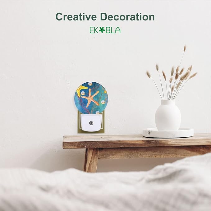 EKOBLA Starfish Night Lights Plug into Wall Ocean Sea Coral Fish Pearl Reed Seashell Plug-in Nightlights Home Auto Sensor LED Dusk to Dawn Light for Bedroom Bathroom Kitchen Corridor