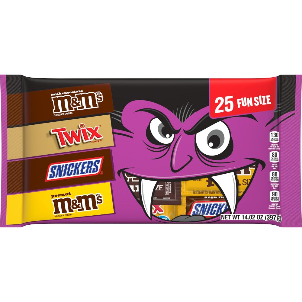 M&MS Fun Size Milk Chocolate  M&MS Fun Size Peanut  SNICKERS Fun Size & TWIX Fun Size Caramel Cookie Milk Chocolate Individually Wrapped Trick or Treat Halloween Candy  25 Ct  14.02 Oz Bulk Bag
