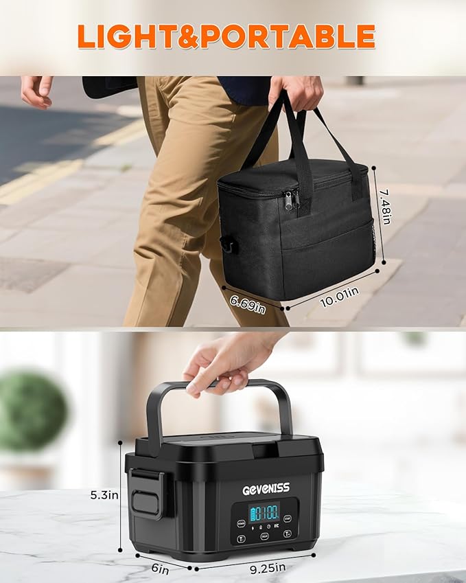 Cordless Electric Lunch Box for Adults – Battery-Powered Heated Lunch Box Food Warmer with 1.1L Stainless Steel Container, Timer Function, Leakproof, Portable for Work, Travel, Office