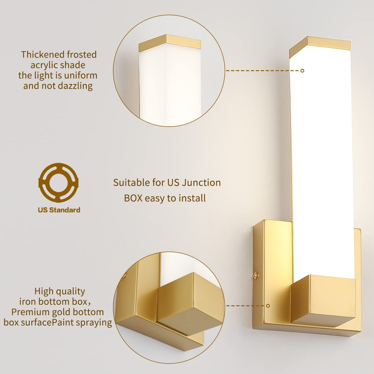 7Degobii Gold Wall Lights For Bedroom Modern Indoor Led Hallway Sconces Corner Light 12 Inch Height 12W 4000K Bedside Stair Sconces Wall Lighting Lamps 110V Ac