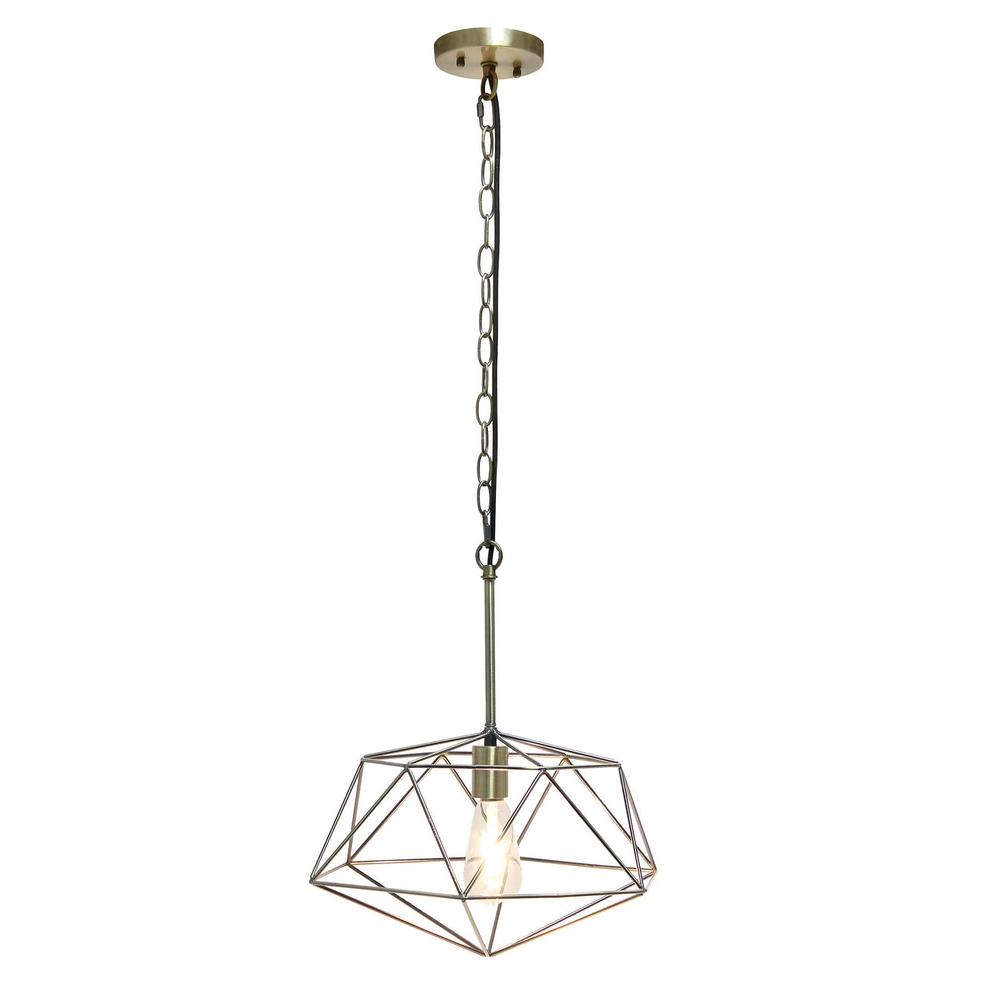 Elegant Designs PT1011-ABS 16in Geometric Diamond Pendant Light Fixture, Antique Brass, Metal Wire Cage, Industrial Style