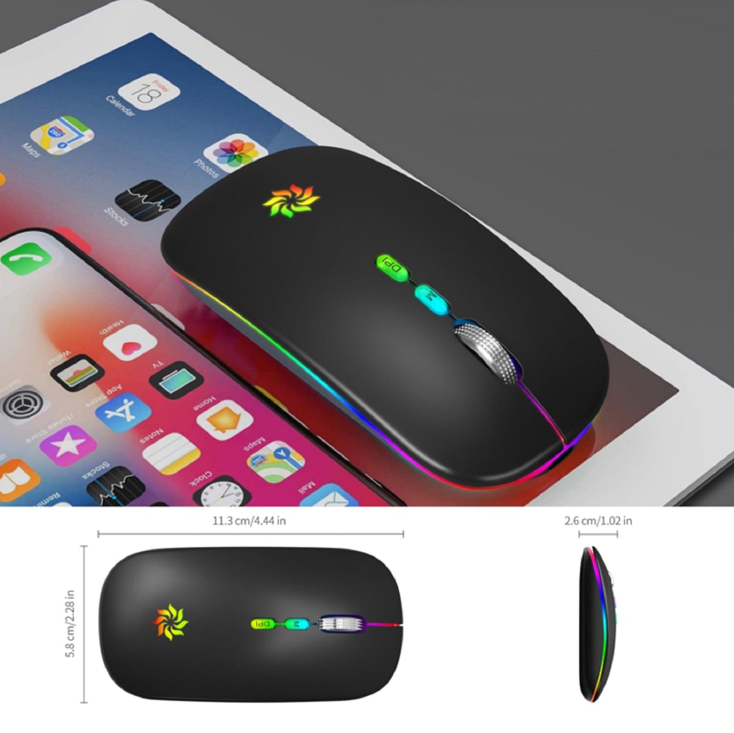 KBCASE Wireless Mouse, LED Wireless Mouse for Laptop, Slim Silent Mouse 2.4G Rechargeable Wireless Computer Mouse for Laptop, MacBook, iPad, Chromebook, with USB & Type-c Receiver