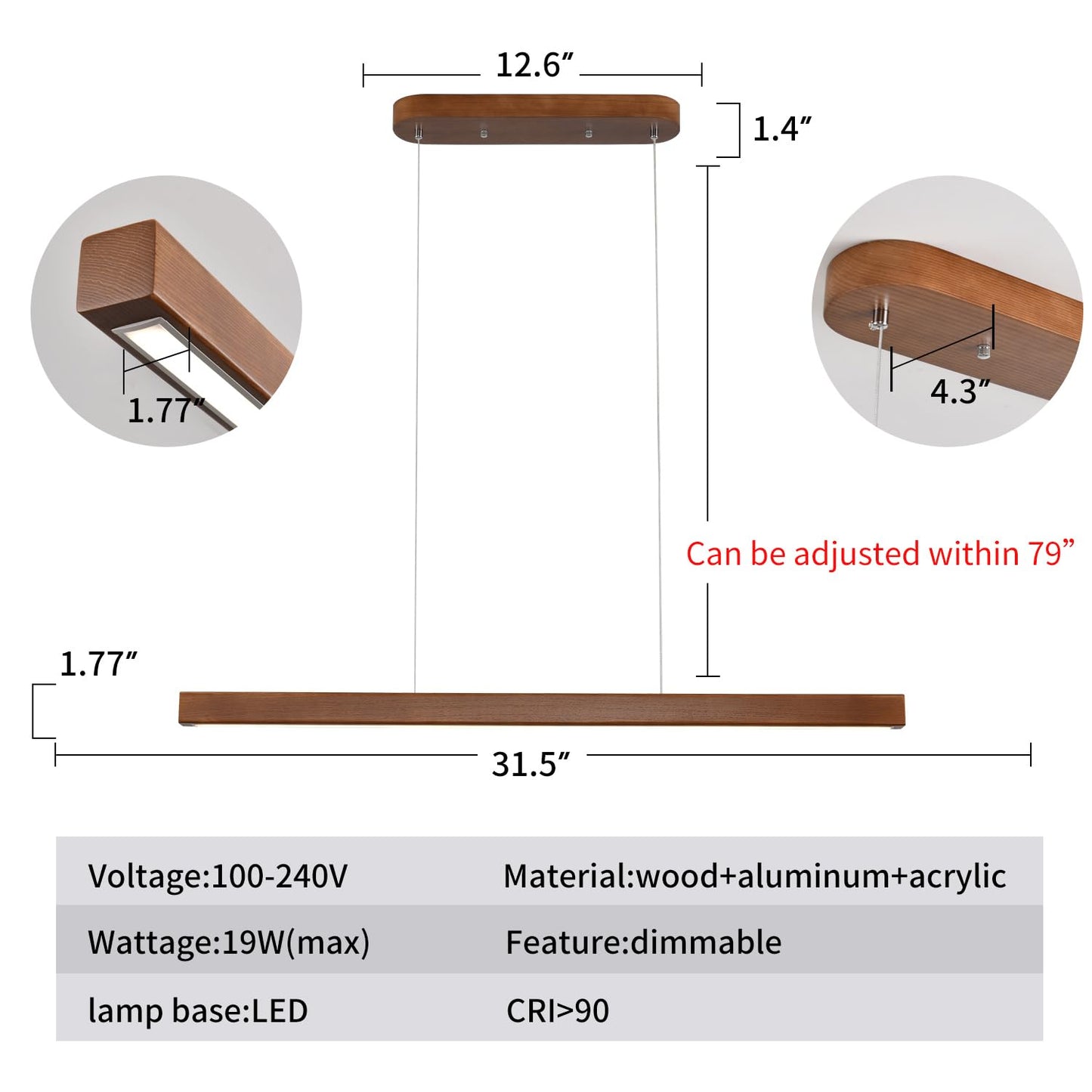31.5 Wood Linear Pendant Light - Dimmable Led Chandelier With Remote  Adjustable Modern Farmhouse Lighting For Kitchen Islands  Dining Rooms & Bars Walnut Color (19W Energy-Efficient)