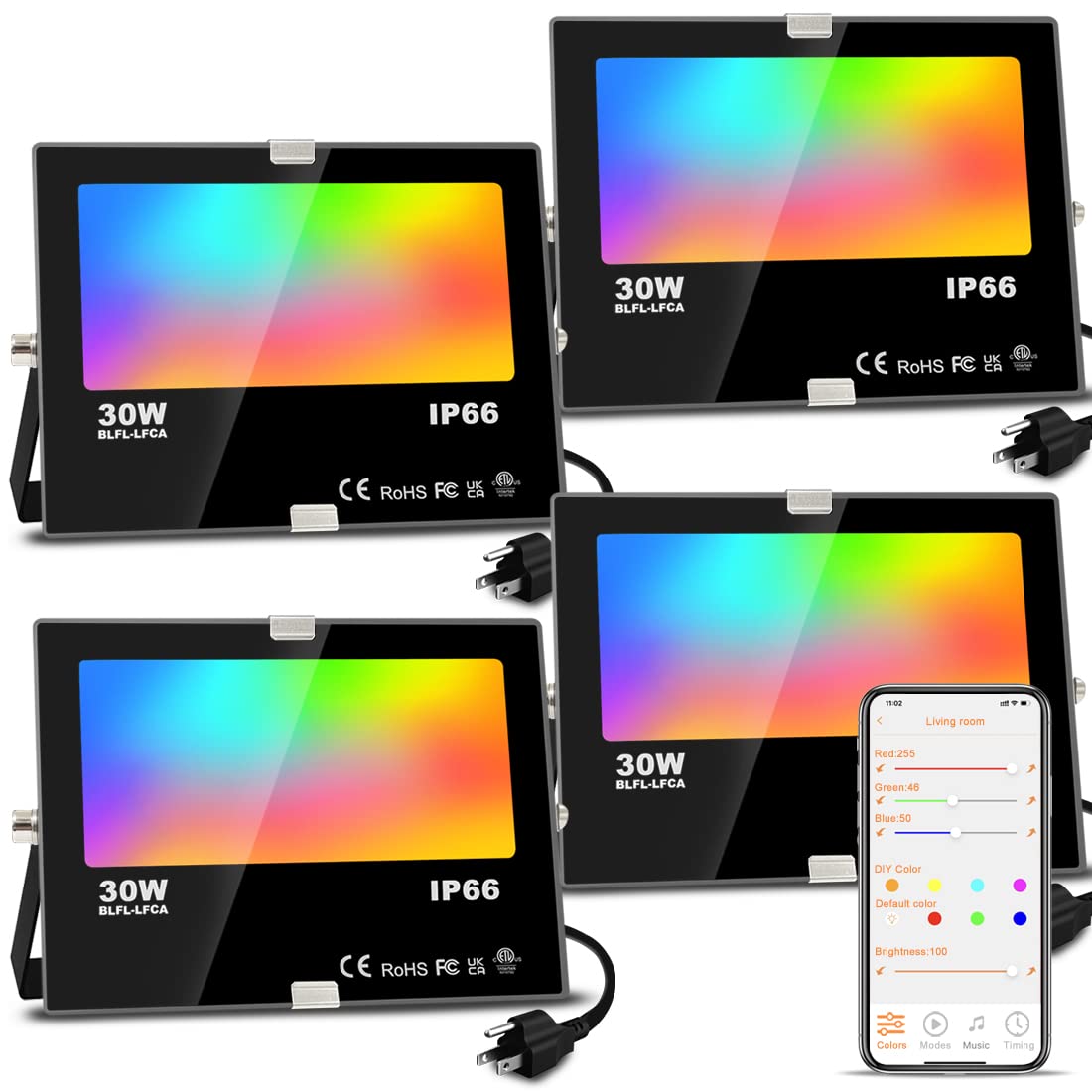 Melpo Led Flood Light Outdoor, 300W Equivalent, 3000Lm Smart Rgb, Ip66 Waterproof, 4 Pack, 5700K Daylight White, Black, Model Blfl