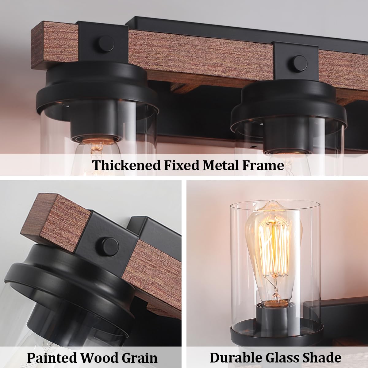 ZSMIHDOH 3 Light Vanity Light, Rustic Black Metal with Clear Glass Shade, 3 Lights, Farmhouse Style
