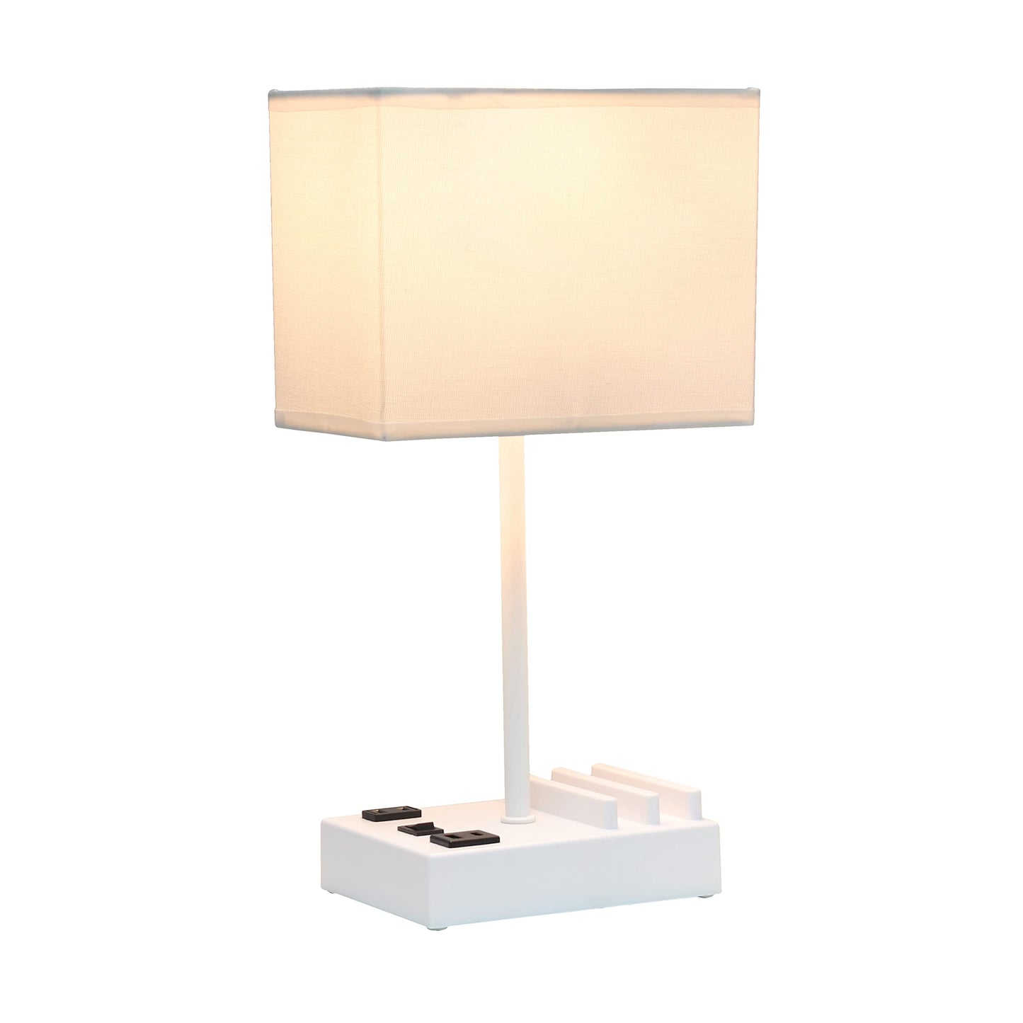 Simple Designs LT1110-WOW Bedside Table Desk Lamp with 2 USB Ports, 15.3in Tall, White Fabric Shade, White Base, Plastic