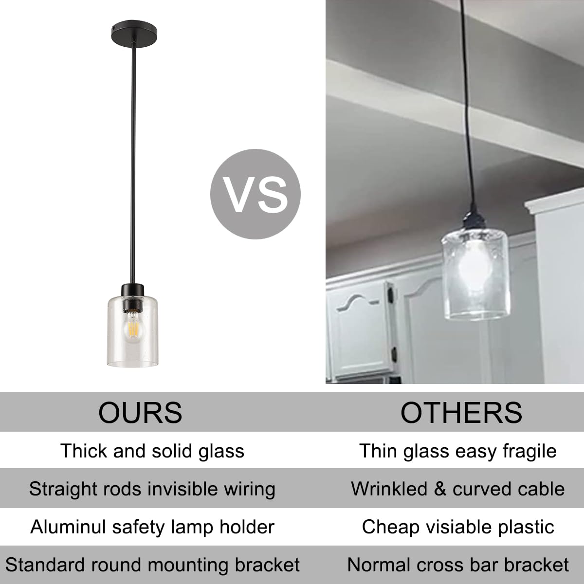 KLSS Black Pendant Light Fixture - Seeded Glass, Metal, 12 Inch & 4 Inch Rods, 3 Units, Model SDBL1P001