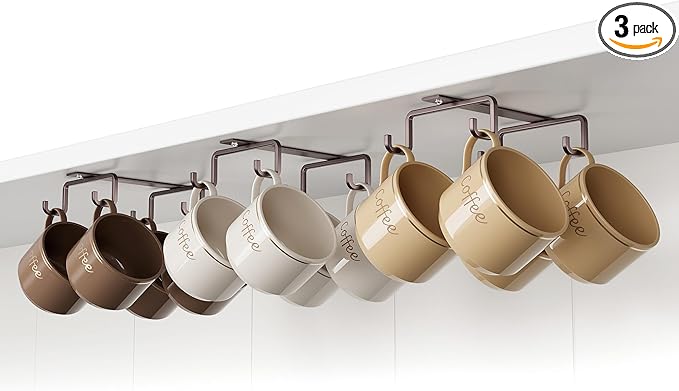 ECROCY Mug Hooks Under Cabinet Space-Saving, Easy Screw Mounting, Metal Coffee Cup Hooks 3 Pack(Dark Brown)