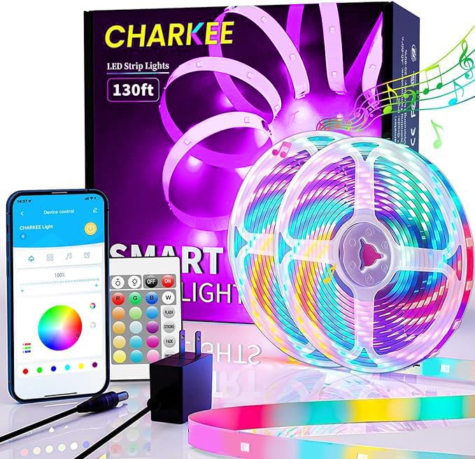 CHARKEE LED Strip Lights 130ft, Dimmable RGB Color Changing, Bluetooth, Flexible for Bedroom, Multicolor, Model BCH55NW18D2P