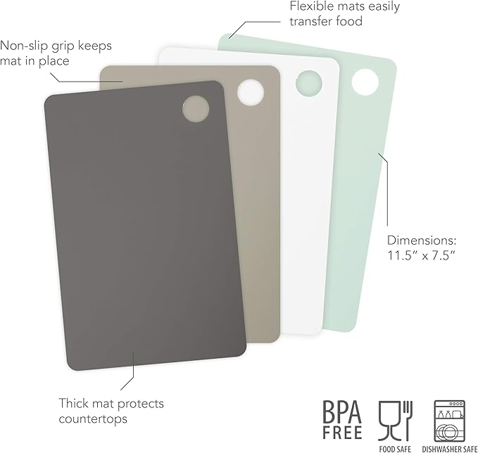 Tovolo Small Flexible Cutting Board Mats For Slicing, Cutting, Chopping & Food Meal Prep, Set of 4, Assorted (61-33597)