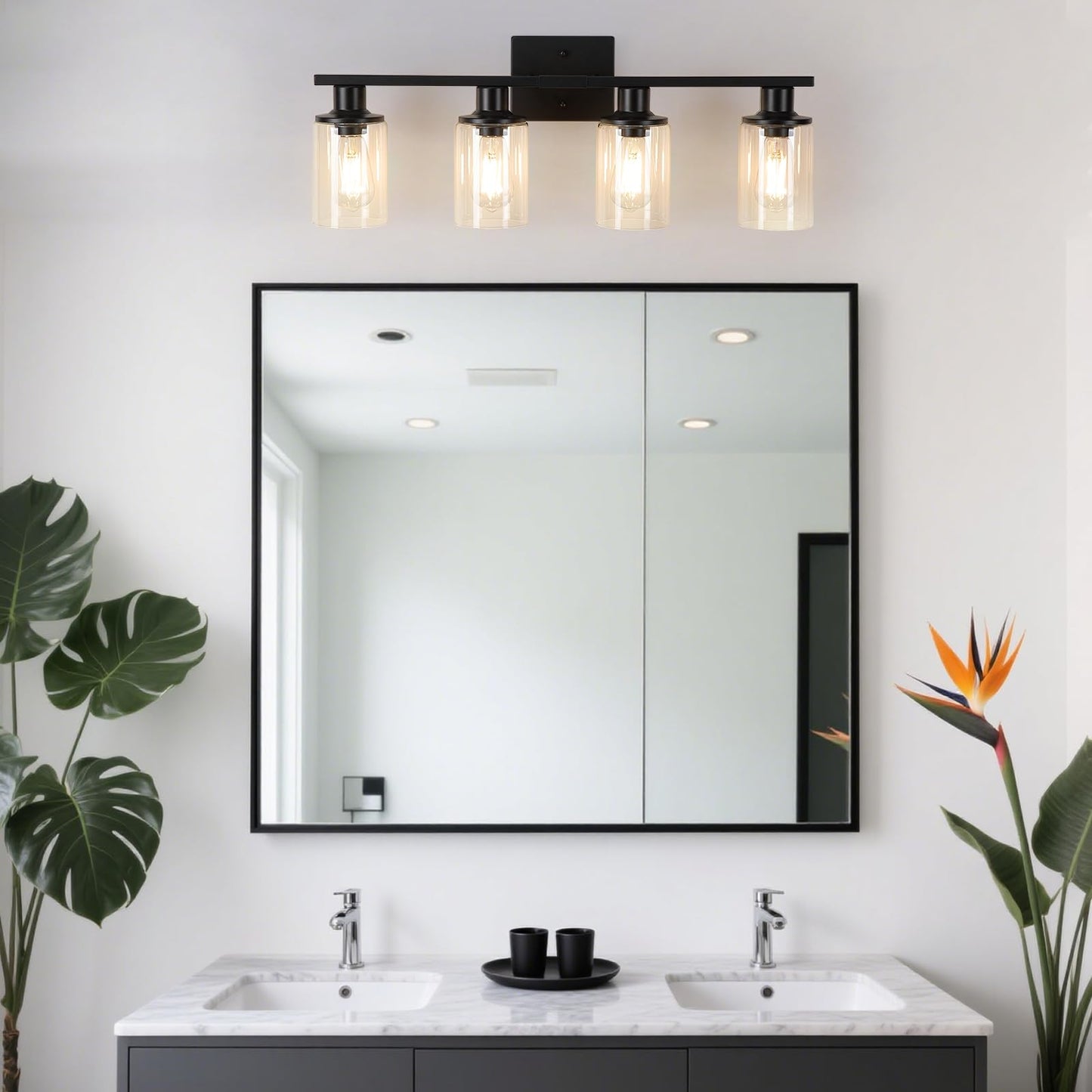 Litaddscen Matte Black Bathroom Light Fixtures Over Mirror 4-Light Bathroom Vanity Light With Clear Glass Shade Modern Farmhouse Wall Sconces Lighting For Mirror Kitchen Living Room Cabinet