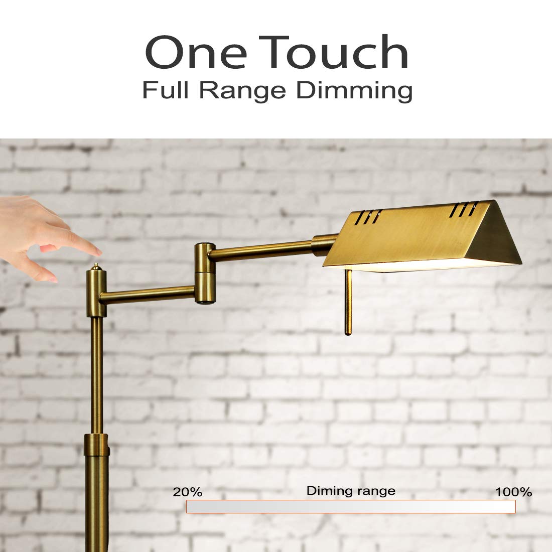 OBright Dimmable LED Floor Lamp, 12W, Adjustable Height, 360° Swing Arms, Antique Brass (Gold), Model OB-FL05D