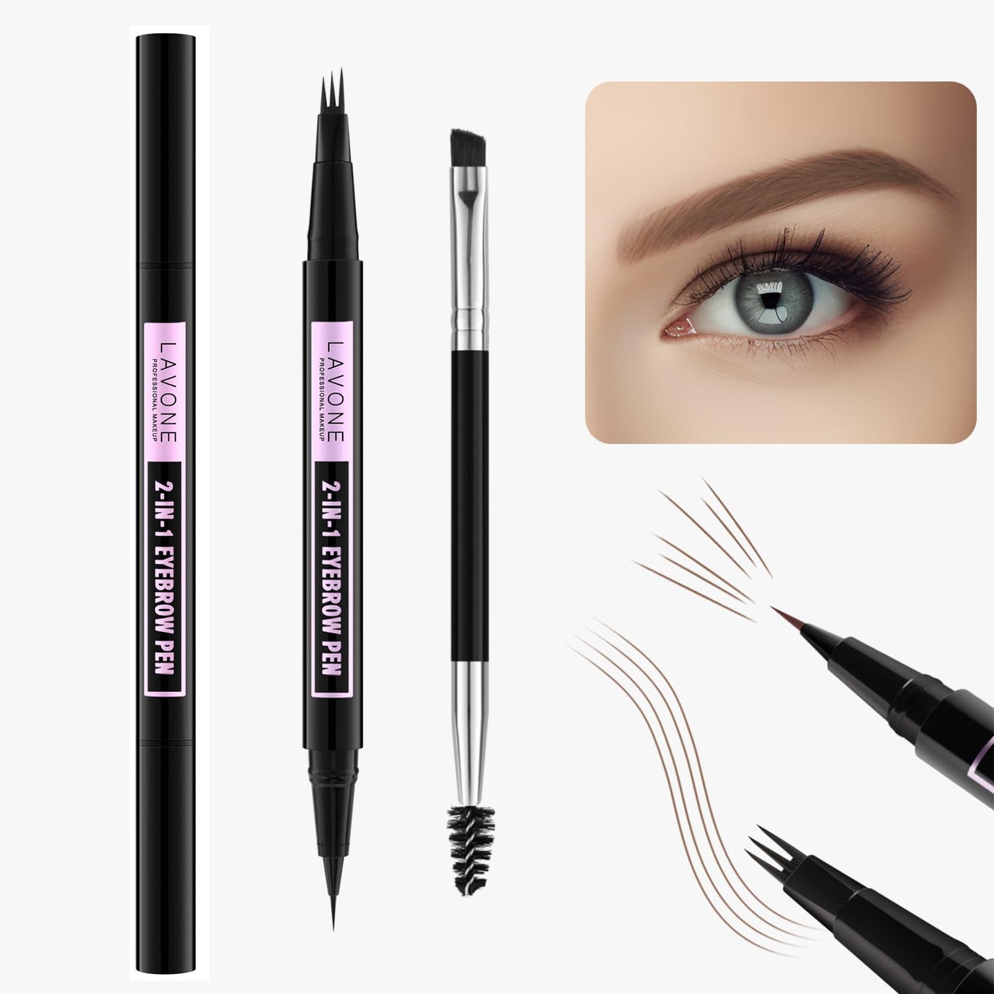 LAVONE 2-In-1 Waterproof Eyebrow Pen, with 3 Tip Microblading Pen and Ultra-Precise Brow Pencil, Dual-ended Eyebrow Brush - VBK