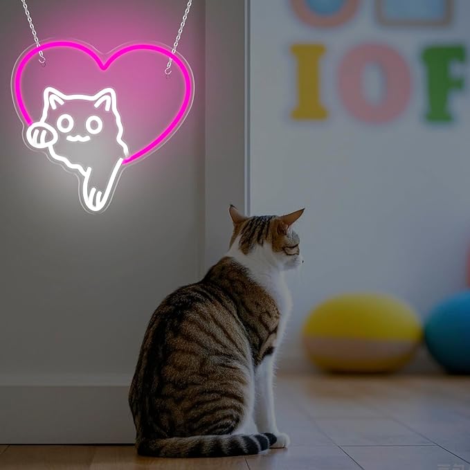 Cat Neon Sign – Cute Pink Heart Cat LED Lights, Dimmable Animal Neon Wall Decor, Cat Lover Gift, Bedroom Wall Art, Living Room, Game Room, Pet Shop, Kawaii Home Accent(12.91 × 13.11 in)