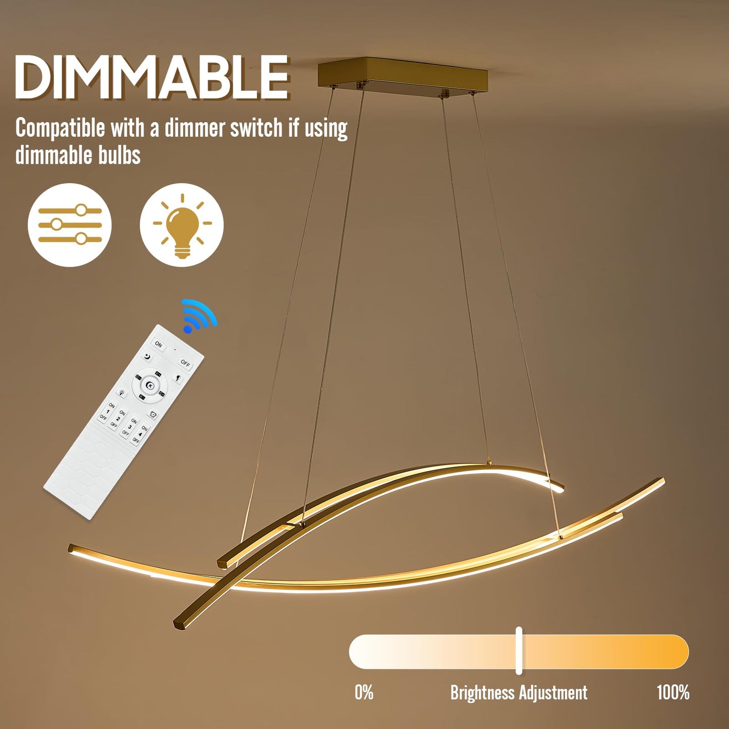 AIRYPHANT 48in Modern LED Chandelier 4-Light Dimmable Pendant Light Remote Control Gold P2018