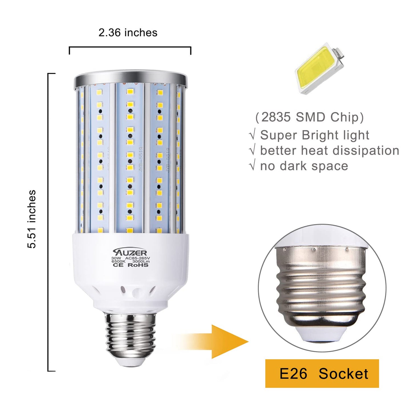 Auzer 2-Pack 30W (200W Equivalent)  E26 Standard Base Led Corn Light Bulb For Garage Factory Warehouse Street Lamp Post Lighting Barn Porch Backyard Garden  6500K Daylight  85V-265V