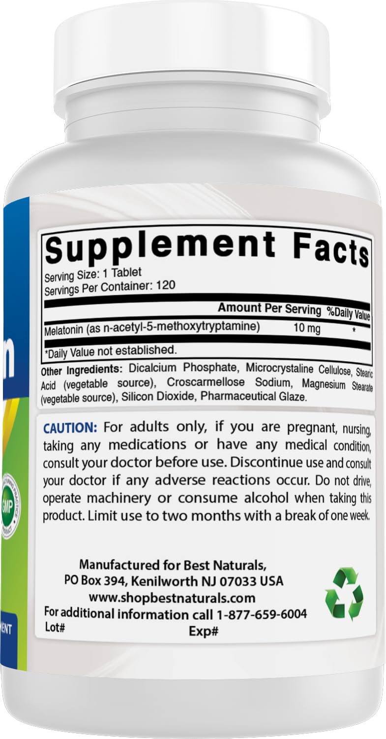 Best Naturals Melatonin 10mg (Non-GMO) Tablets - Helps Promote Relaxation & Sleep - 120 Count