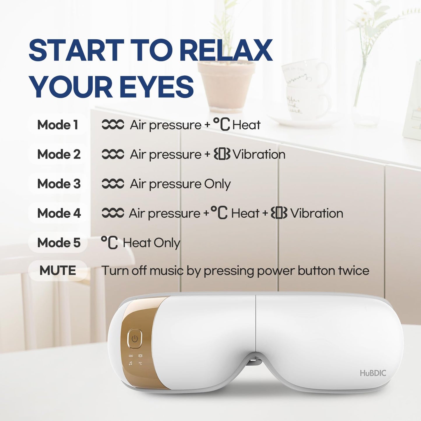 HubiCare Eye Massager with Heat, Vibration, and Music Helps Relieve Strain, Dark Circles, Dryness, and for Migraine Relief Relaxation and Better Sleep Valentines Day Gifts for Women/Men (White)