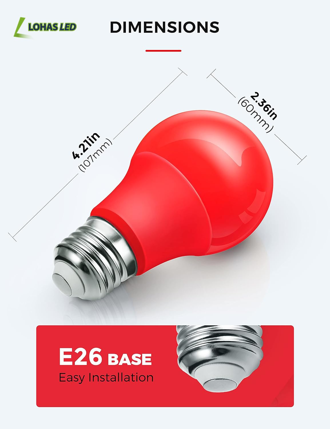 L Lohas Led Red A19 Light Bulbs, 9W (60W Equivalent), E26 Base, Non-Dim, 4 Pack, Indoor Christmas Decor