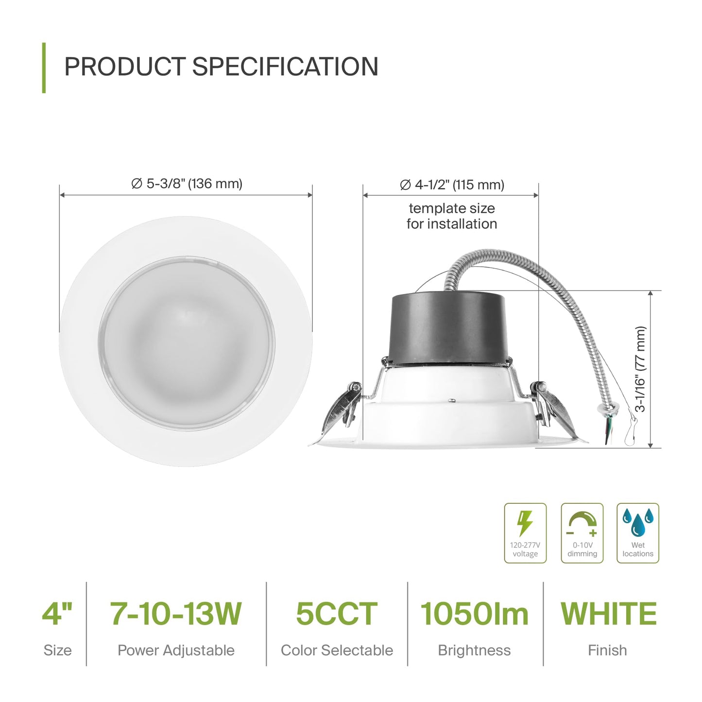 Asd 4 Inch Commercial Canless Led Downlight  Power Adjustable 7/10/13W Lighting  Round Dimmable Recessed Ceiling Light Fixture  5 Color Temperatures 2700K-5000K  120-277V Ic Rated Ul & Energy Star