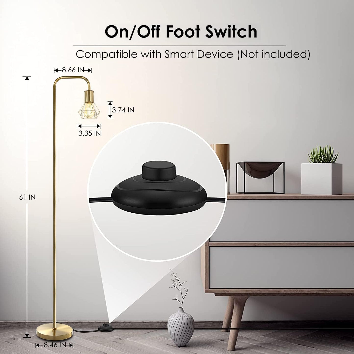 BoostArea Gold Floor Lamp, Industrial 6W Metal Lamp with E26 Socket, On/Off Footswitch, Medium Size, Model B1212