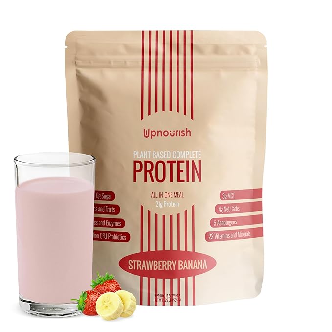 UpNourish Strawberry Banana Vegan Protein Powder 54 Superfoods Powder,1.5 Billion CFU Probiotics 21g Plant Based Protein,No Sugar No Dairy No GMO Dairy Free,Meal Replacement Shake Keto-Friendly Low-Carb Diet,15 Servings