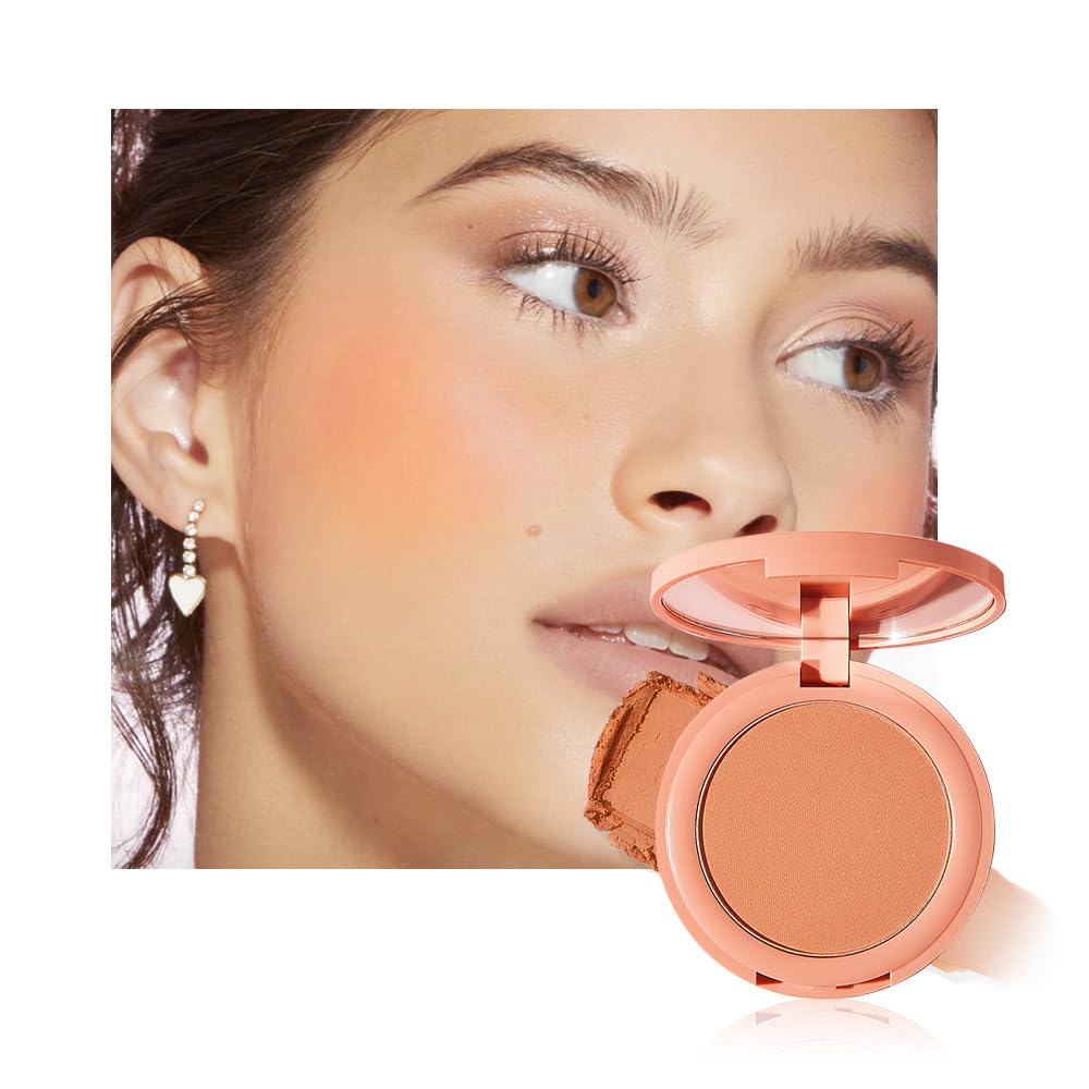 HHLTOH Warm Orange Powder Matte Blush with Mirror - Lightweight Smooth Blendable Baked Blush, Fade & Transfer-Resistant, Natural