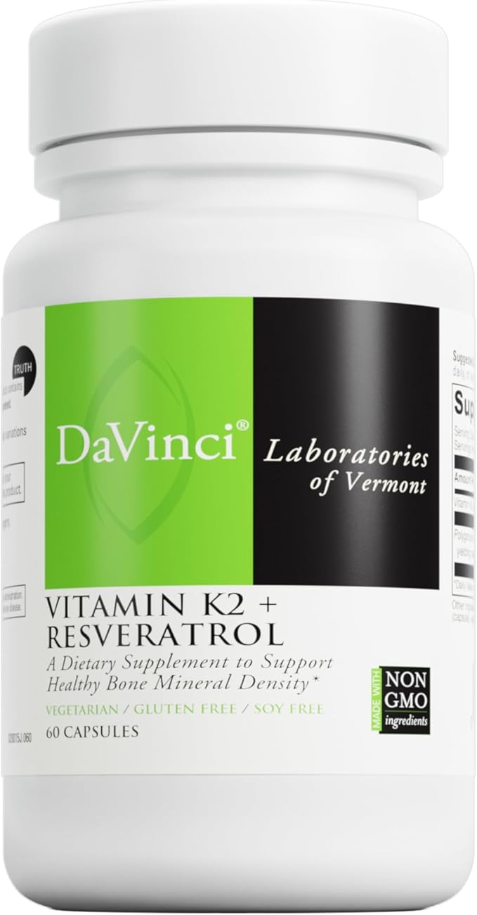 Davinci Labs Vitamin K2 & Resveratrol - Bone Health & Cardiovascular Supplement with Antioxidant Support* - Vegetarian, Gluten-Free & Soy-Free - 60 Capsules