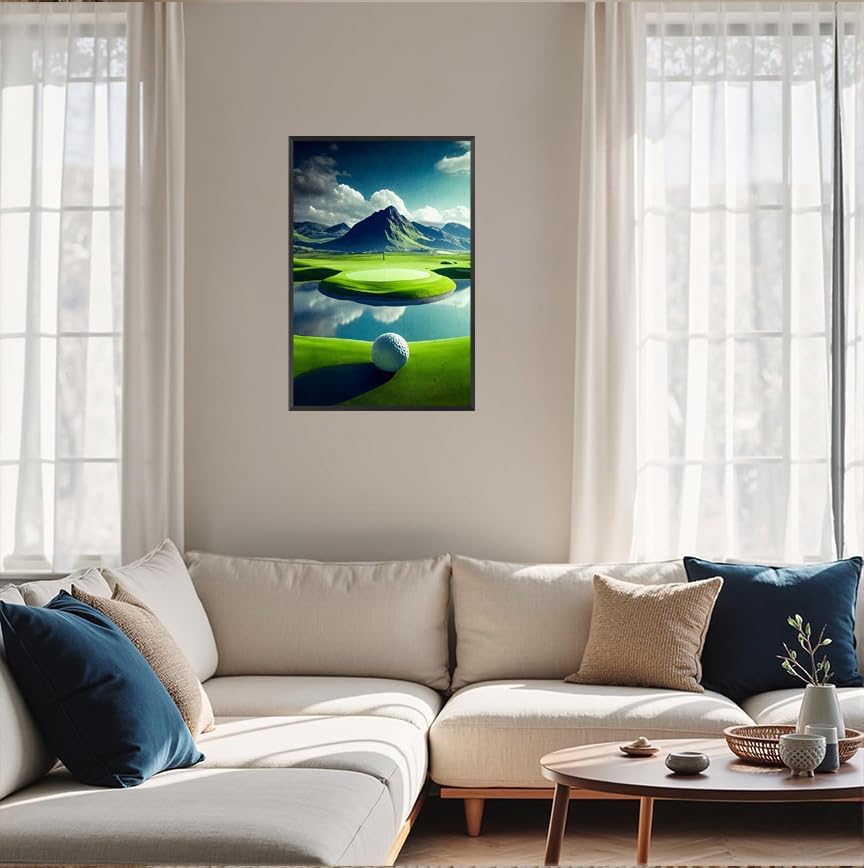 Golf Course Landscape Poster Golfing Sport Site Canvas Wall Art Trendy Ball Grassy Field Aesthetic Prints Painting For Living Room Bedroom Office Wall Decor 24x36in Framed