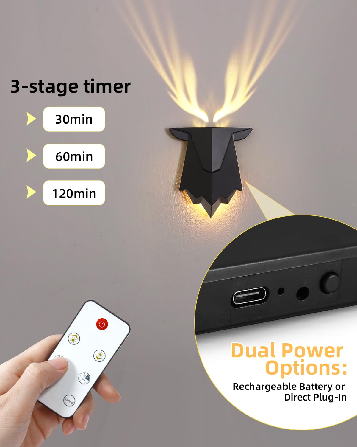 Fuloon Antler Night Light, Remote Control, Battery Operated, Adjustable, 1 PC, Black, Model S06