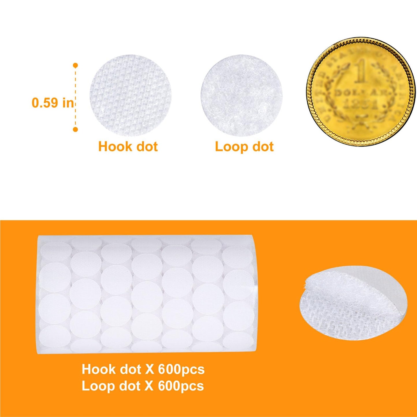Self Adhesive Dots - 1200pcs (600 Pairs) 0.59" Diameter Waterproof Sticky Back Hook Dot Loop Dot for School, Office, Home, Mounting Arts & Crafts (White)
