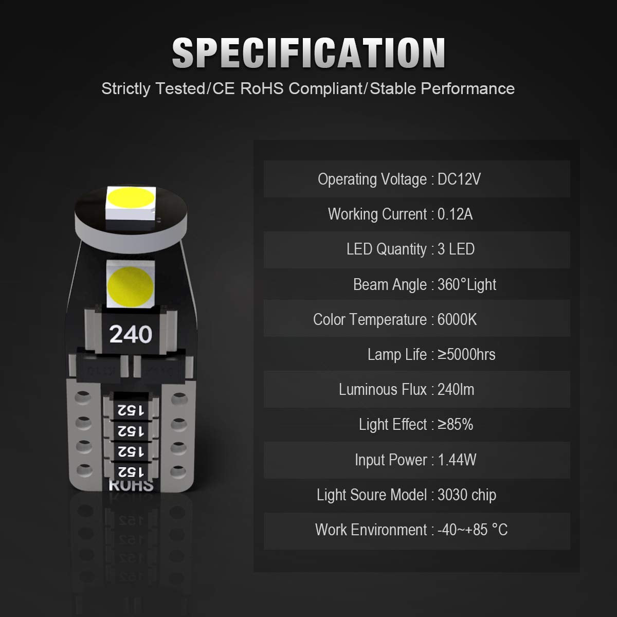 Kafeek Led Bulbs T10 Wedge 194 168 2825 W5W, Super Bright 3-3030 Chipset, Can-Bus Error Free, Xenon White