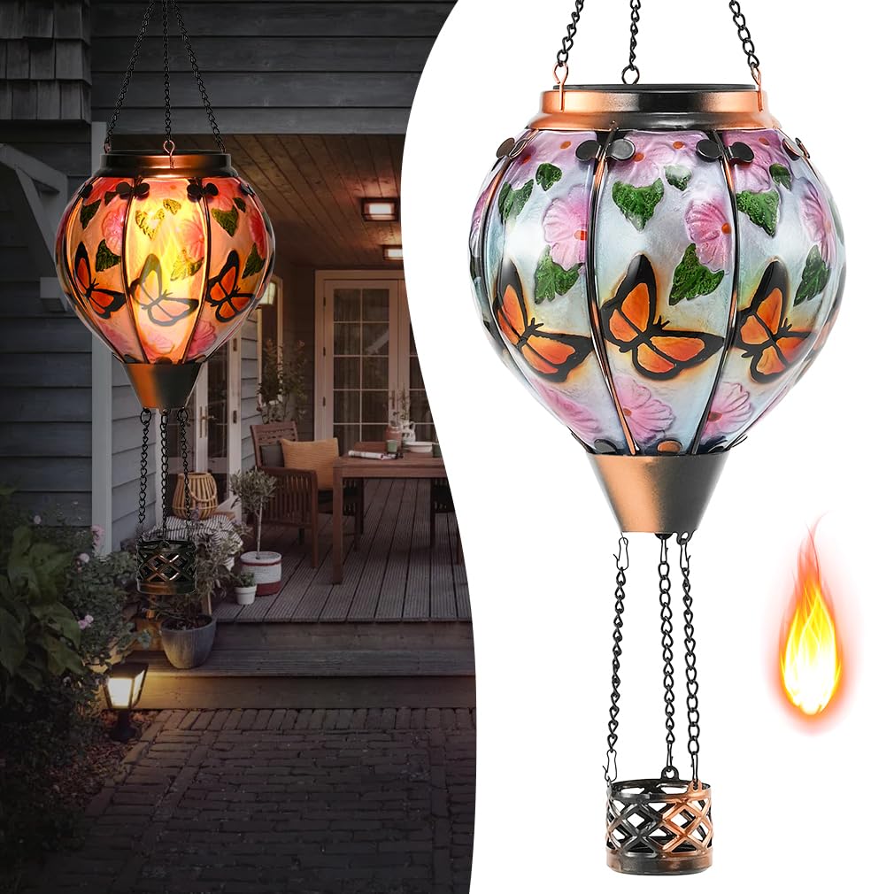 Hot Air Balloon Solar Lantern - Butterfly Stained Glass Lantern  Simulated Flickering & Dancing Flame  Outdoor Hanging Yard Light Waterproof Ip65 For Patio Lawn Porch Decor Gift