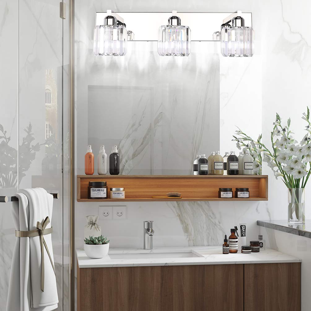 Aipsun Crystal Vanity Light Fixture - Modern 3-Light Wall Light For Bathroom, Chrome, 23 Inch, Model 8460