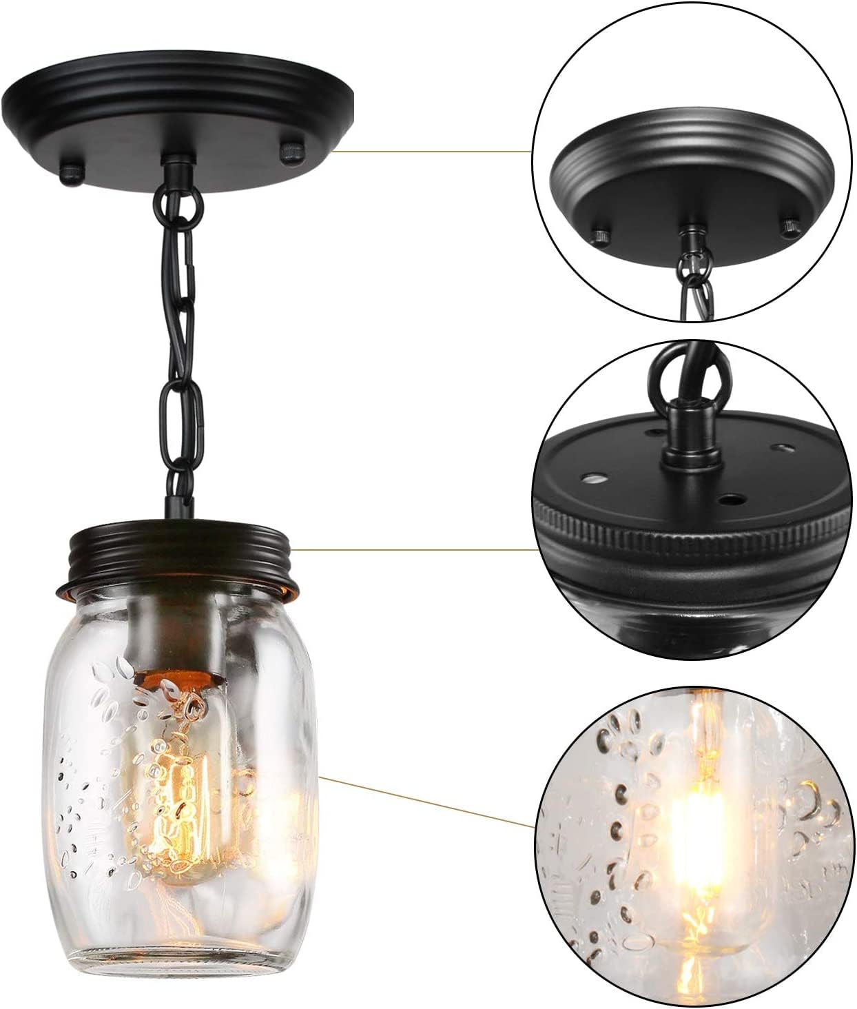 PUZHI HOME Glass Mason Jar Pendant Light Fixture, 1-Light, Metal, Black, Ideal for Kitchen, Dining Room, Hallway, Model 3