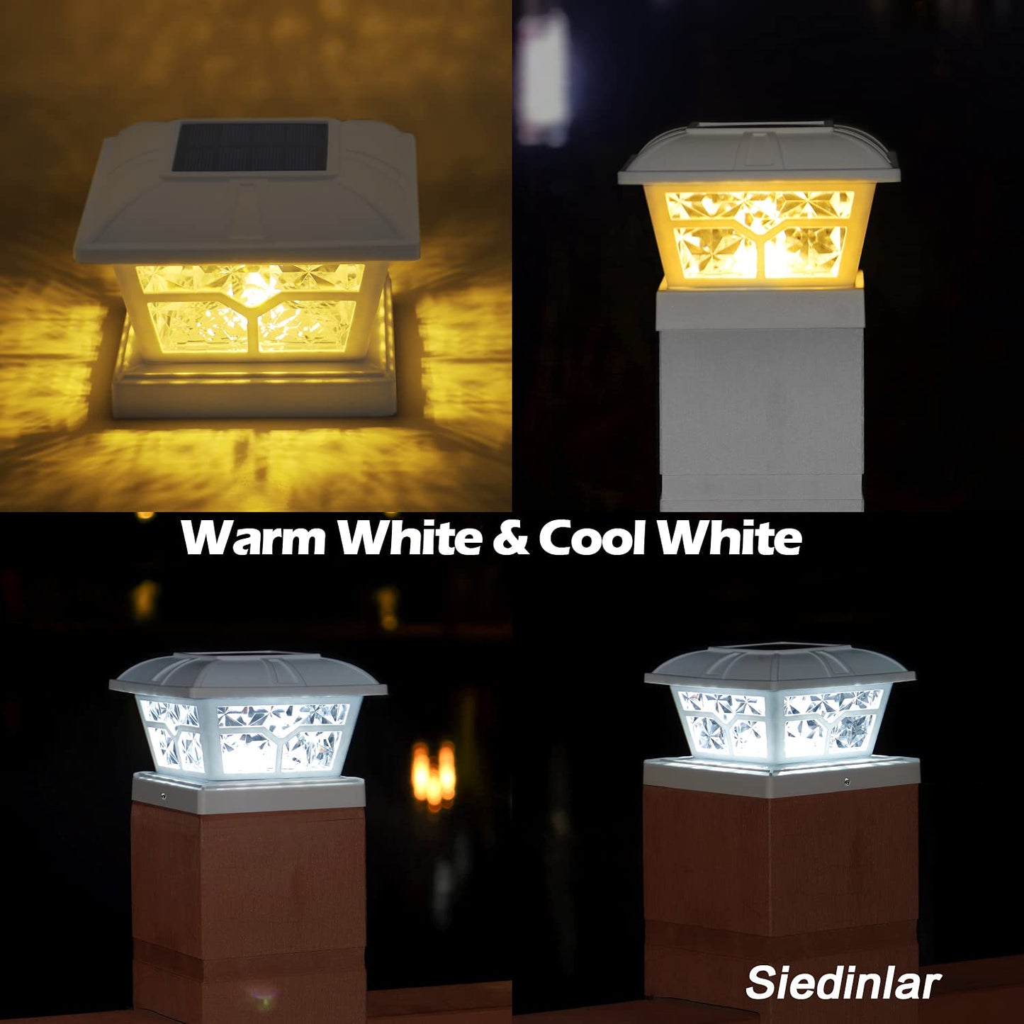 SIEDiNLAR Solar Post Cap Lights, 8 LEDs, 2 Color Modes, Plastic, 6 Pack, White, Model SD020W-6PK