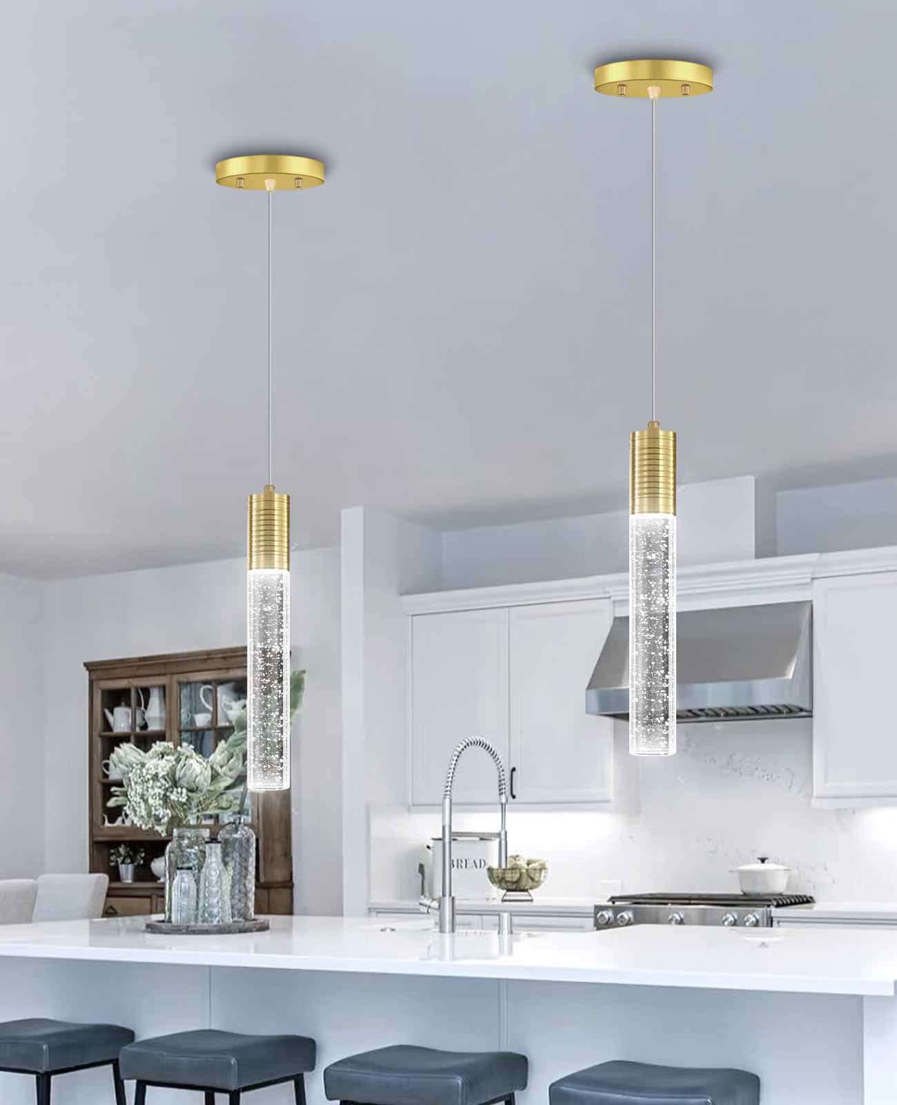 Haixiang 4 Pcaks Pendant Lights For Kitchen Island  White Light  Gold Crystal Linear Pendant Lighting  Bar Corner Led Light Fixture