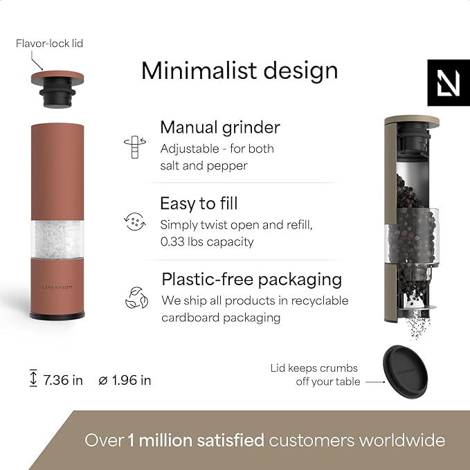 LARS NYSØM Salt and Pepper Grinder Set Manual, Stainless Steel Salt and Pepper Mills with Adjustable Ceramic Grinder I Design Spice Shakers (Red/Brown)