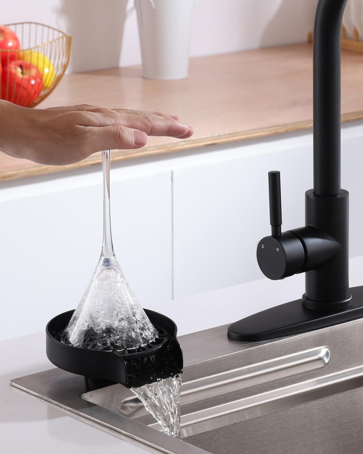 Glass Rinser for Kitchen Sink, Universal Sink Bottle Washer for Baby Bottle Glass Cup, Black Cup Washer for Sink, Stainless Steel