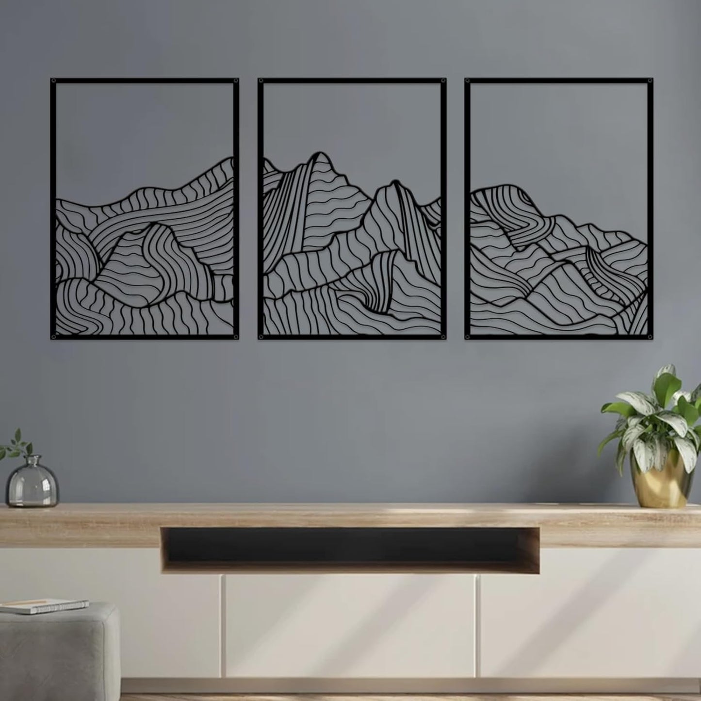 ruelen Wall Decor 3 Pcs Mountain Metal Wall Art, Mountain Line Abstract Minimalist Wall Art Rustic Nature Wall Decor Hanging Sculpture for Home Bedroom Bathroom Living Room (Black)