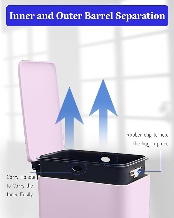 8 Gallon Step Trash Can with Soft Close Lid, 30L Stainless Steel Garbage Can, Fingerprint Resistant with Removal Inner Bucket, Pink Trash Can for Home, Kitchen, Laundry Room, Office, Bathroom