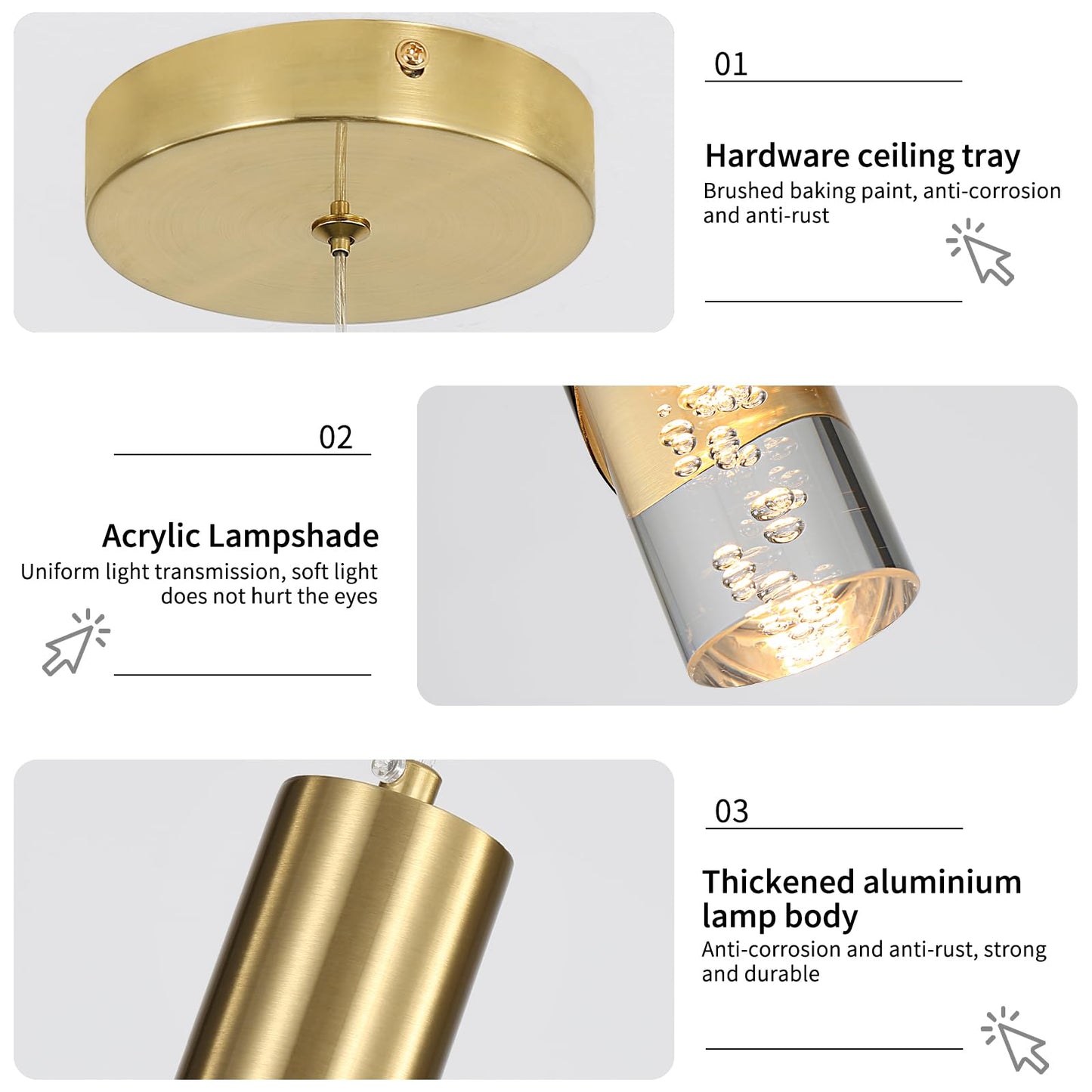 2 Pack Modern Gold Pendant Light Fixture  Acrylic Bubble Cylinder Hanging Lights  3 Color Temperatures  Minimalist Ceiling Chandelier Lighting For Dining Room  Bedroom  Hallway  Bar  Kitchen Island
