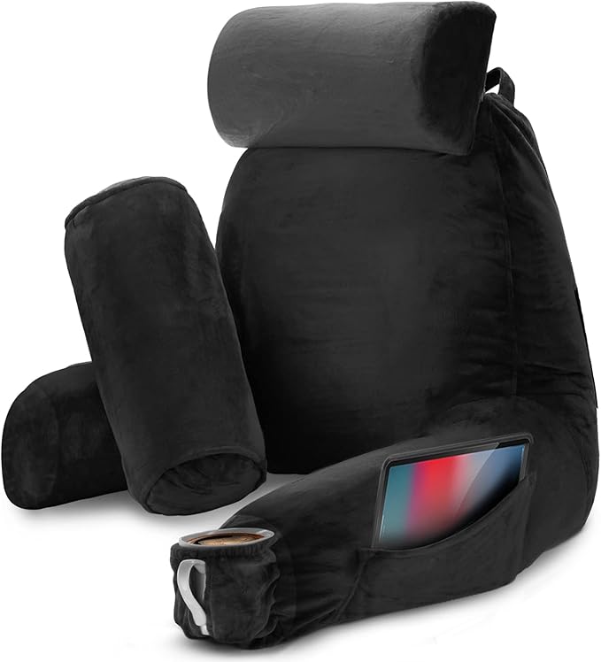 Nestl Reading Pillow Large Bed Pillow, Back Pillow for Sitting in Bed Shredded Memory Foam Chair Pillow, Reading & Bed Rest Pillows Black Back Pillow for Bed, Bed Chair Arm Pillow with Pockets