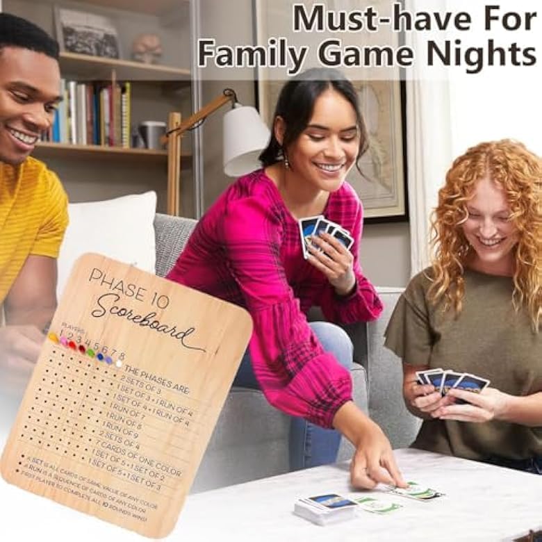 Phase 10 Score Board, 2025 New Wooden Phase 10 Scoreboard and Round Tracker with 8 Colored Pegs, Phase 10 Score Sheets, Board Card Games for Party Family Adults