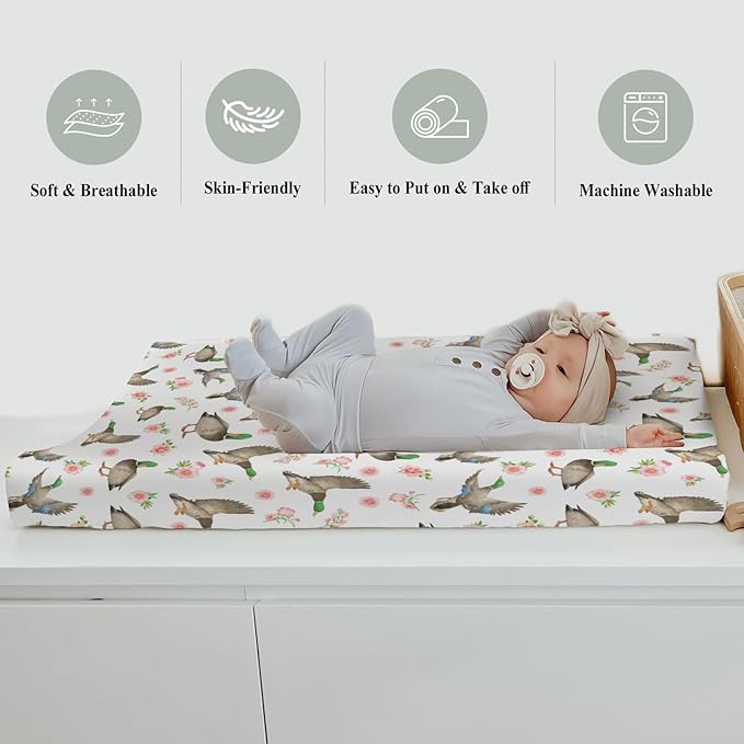 Mallard Ducks Boho Floral Changing Pad Covers for Baby Girl Boy Green Duck Spring Fitted Change Table Cover Mats Wild Duck Hunting Soft Diaper Changing Table Sheets 32''×16''
