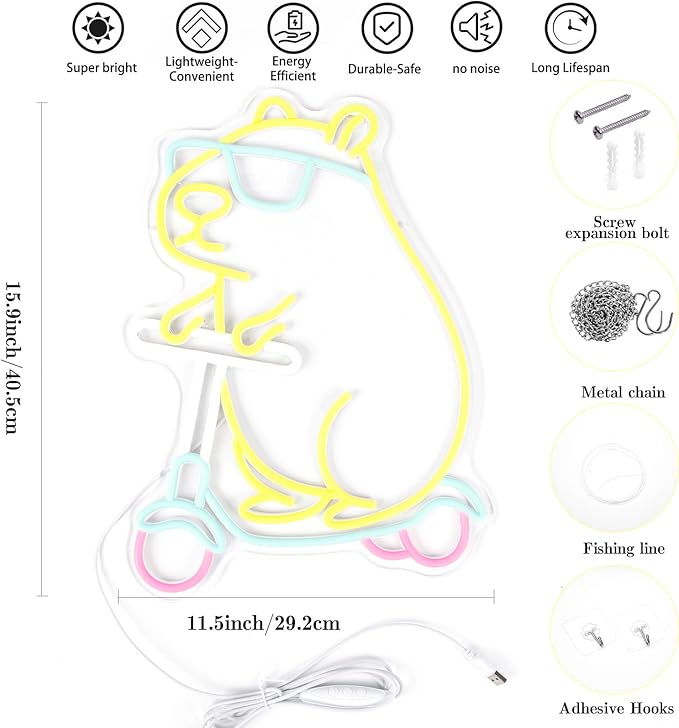 Cool Capybara Neon Sign, Dimmable Cute Animal with Shades on a Scooter, Lemon Yellow Capybara LED Lights for Wall Decor, Bedroom, Game Room, Kids Room, Birthday Party Decor, Teen Gifts