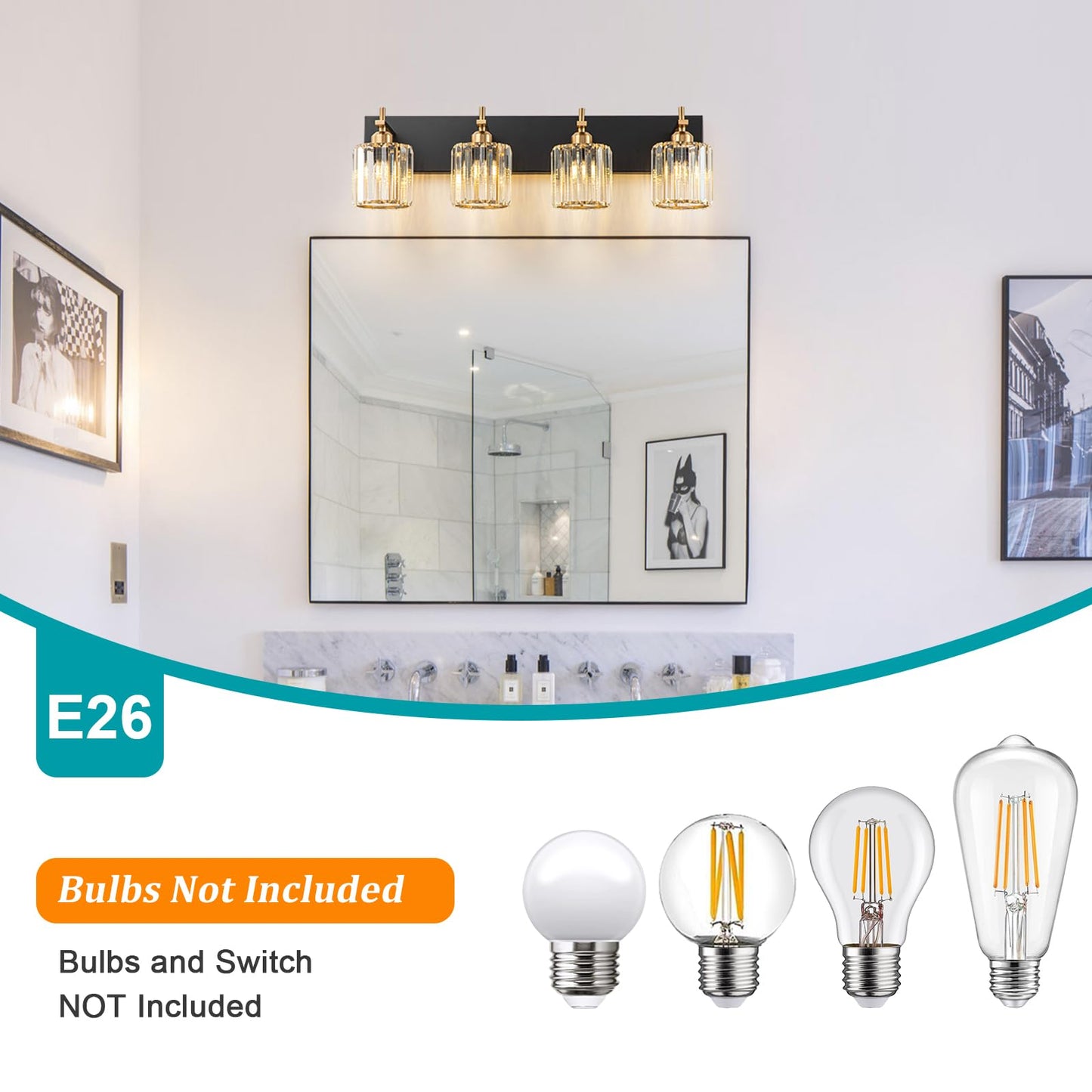 Huoku 4-Light Bathroom Vanity Light, Black Gold Crystal Wall Fixture, Modern Design, Polished Gold Finish